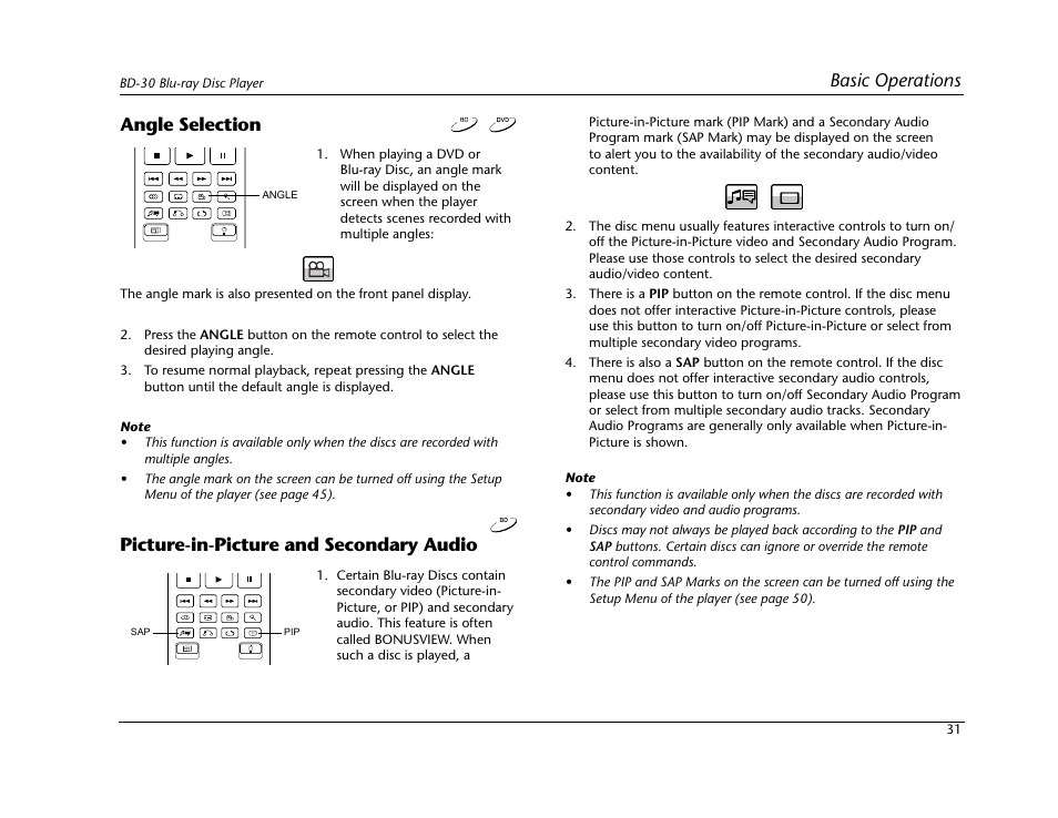 Angle selection, Picture-in-picture and secondary audio, Basic operations | Lexicon Blu Ray Disc Player BD-30 User Manual | Page 35 / 92