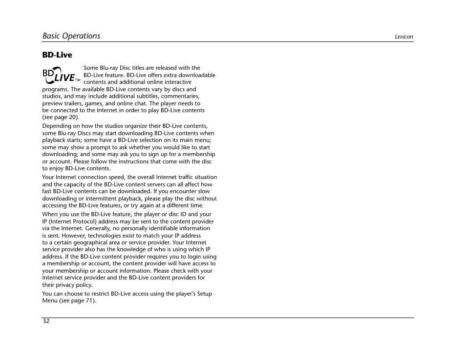 Basic operations bd-live | Lexicon Blu Ray Disc Player BD-30 User Manual | Page 36 / 92