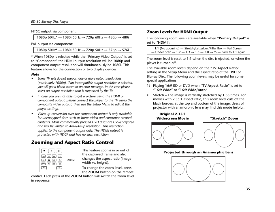 Zooming and aspect ratio control | Lexicon Blu Ray Disc Player BD-30 User Manual | Page 39 / 92