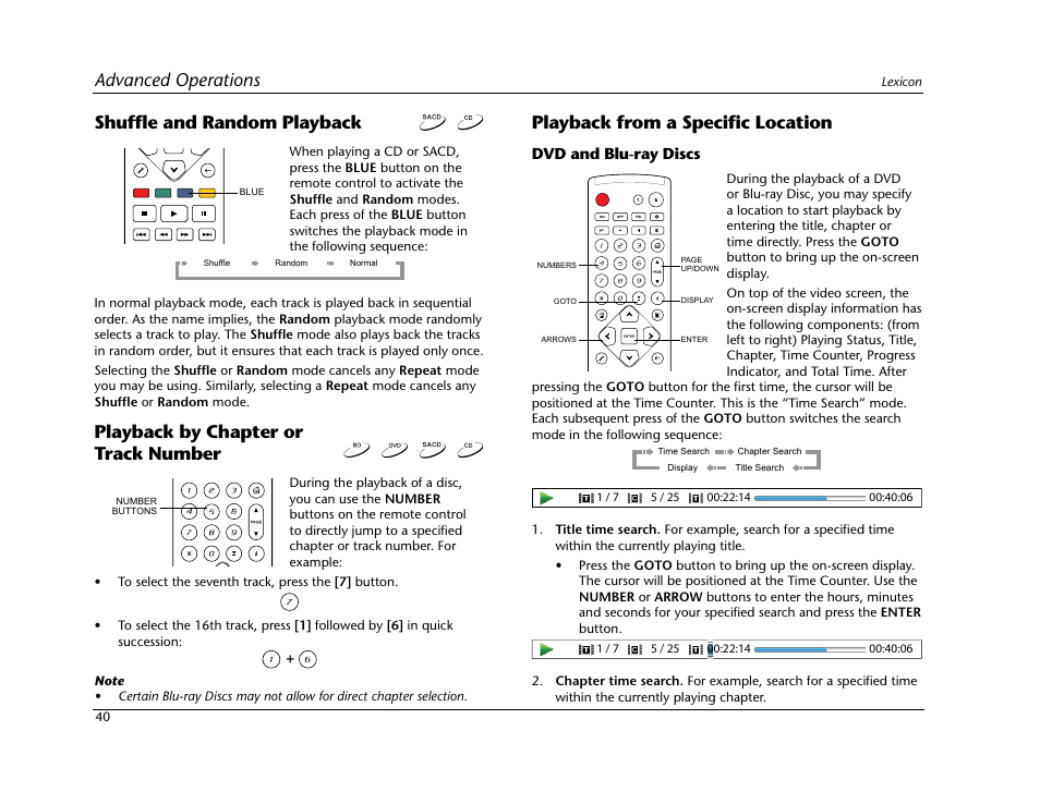 Advanced operations shuffle and random playback, Playback by chapter or track number, Playback from a specific location | Lexicon Blu Ray Disc Player BD-30 User Manual | Page 44 / 92