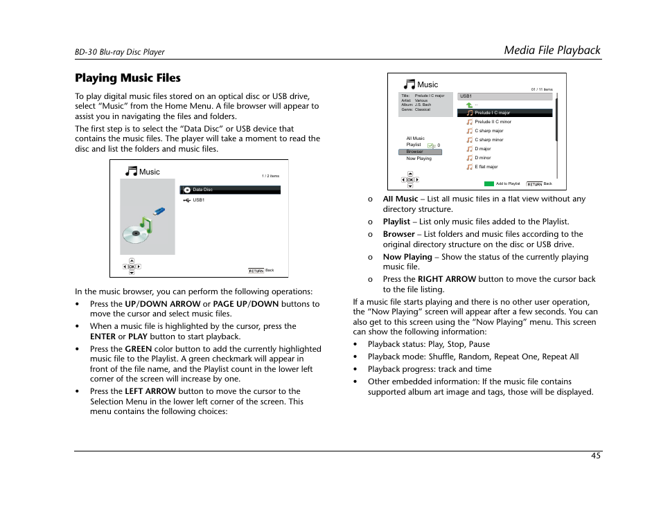 Playing music files, Media file playback | Lexicon Blu Ray Disc Player BD-30 User Manual | Page 49 / 92