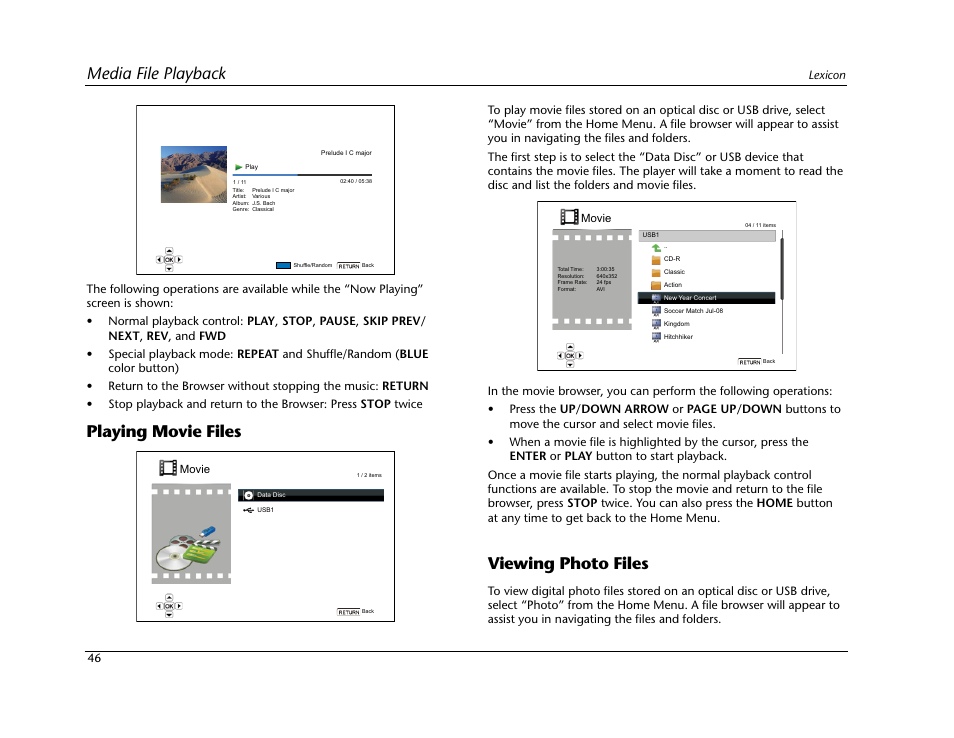 Media file playback, Playing movie files, Viewing photo files | Lexicon Blu Ray Disc Player BD-30 User Manual | Page 50 / 92