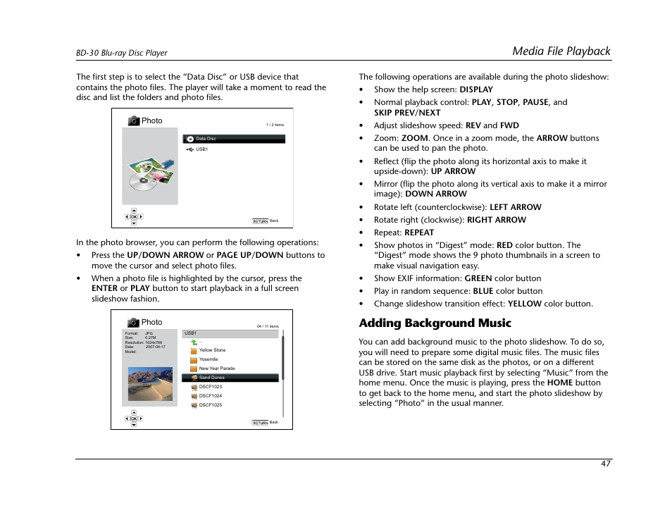 Media file playback, Adding background music | Lexicon Blu Ray Disc Player BD-30 User Manual | Page 51 / 92