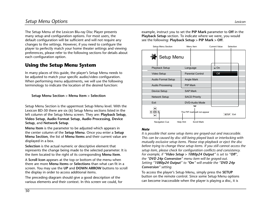 Using the setup menu system, Setup menu options, Setup menu | Lexicon Blu Ray Disc Player BD-30 User Manual | Page 54 / 92