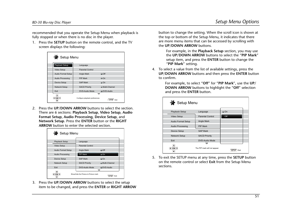 Setup menu options, Setup menu | Lexicon Blu Ray Disc Player BD-30 User Manual | Page 55 / 92