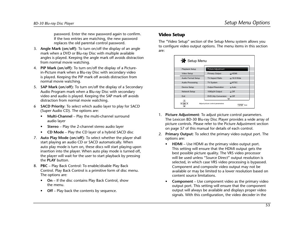 Setup menu options, Video setup | Lexicon Blu Ray Disc Player BD-30 User Manual | Page 57 / 92