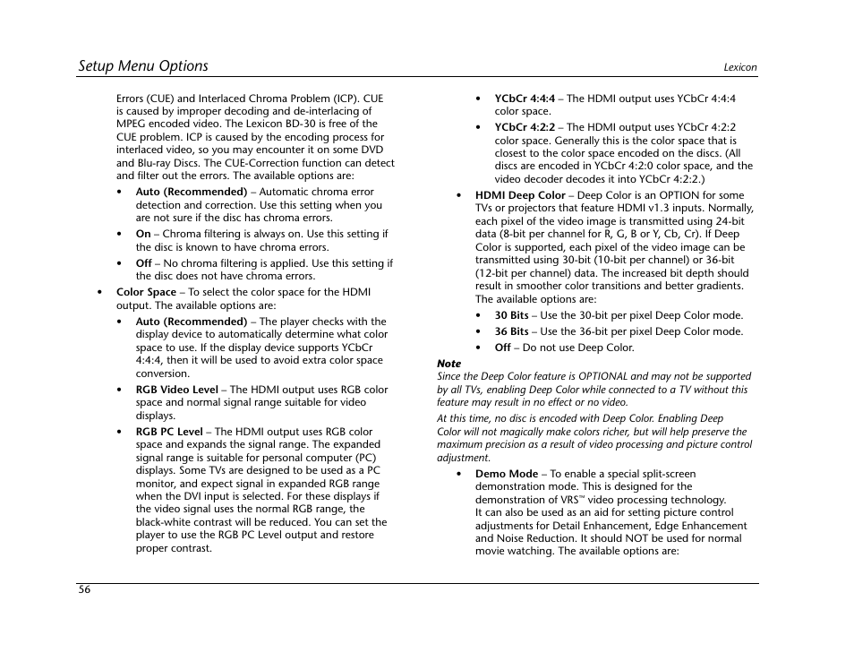 Setup menu options | Lexicon Blu Ray Disc Player BD-30 User Manual | Page 60 / 92