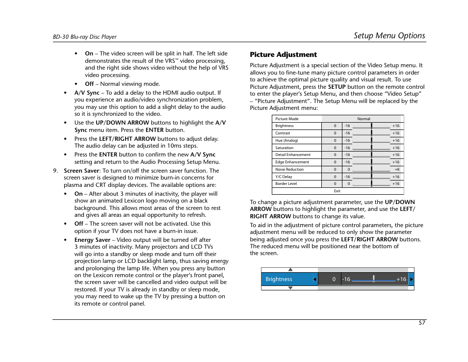 Setup menu options | Lexicon Blu Ray Disc Player BD-30 User Manual | Page 61 / 92