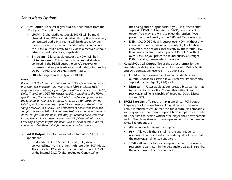 Setup menu options | Lexicon Blu Ray Disc Player BD-30 User Manual | Page 64 / 92