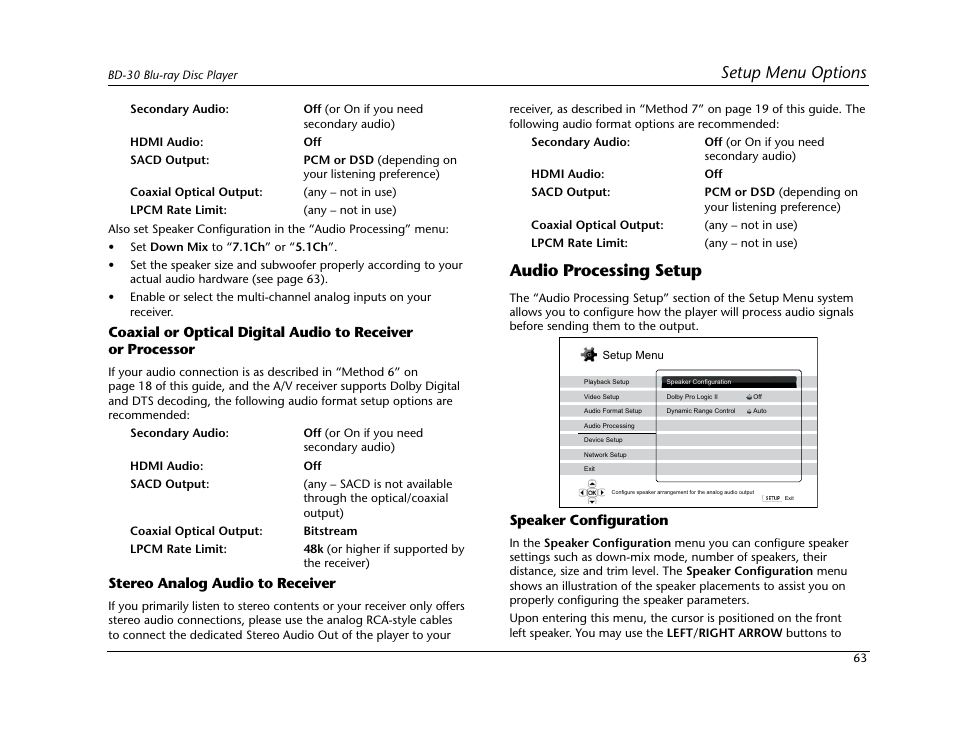 Setup menu options, Audio processing setup | Lexicon Blu Ray Disc Player BD-30 User Manual | Page 67 / 92