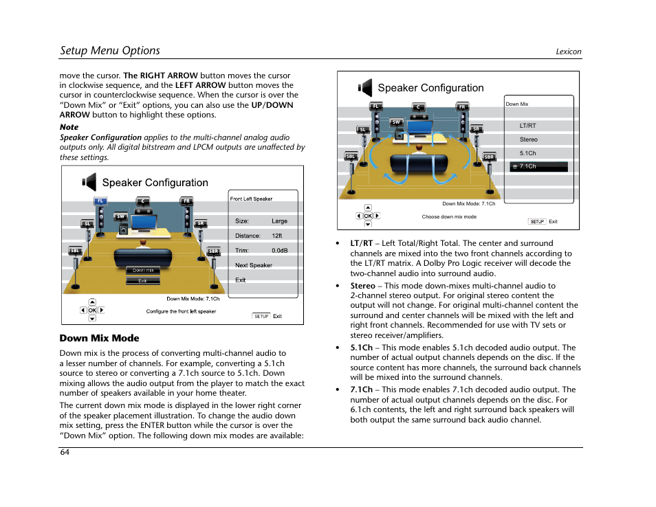 Setup menu options, Speaker configuration | Lexicon Blu Ray Disc Player BD-30 User Manual | Page 68 / 92