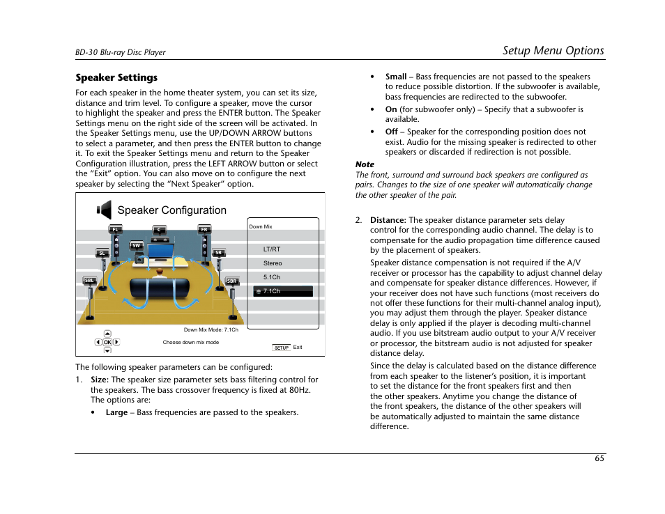 Setup menu options, Speaker configuration | Lexicon Blu Ray Disc Player BD-30 User Manual | Page 69 / 92