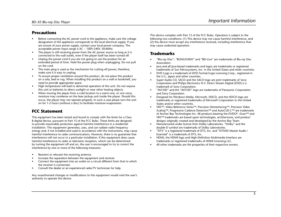 Important information, Precautions, Fcc statement | Trademarks | Lexicon Blu Ray Disc Player BD-30 User Manual | Page 7 / 92