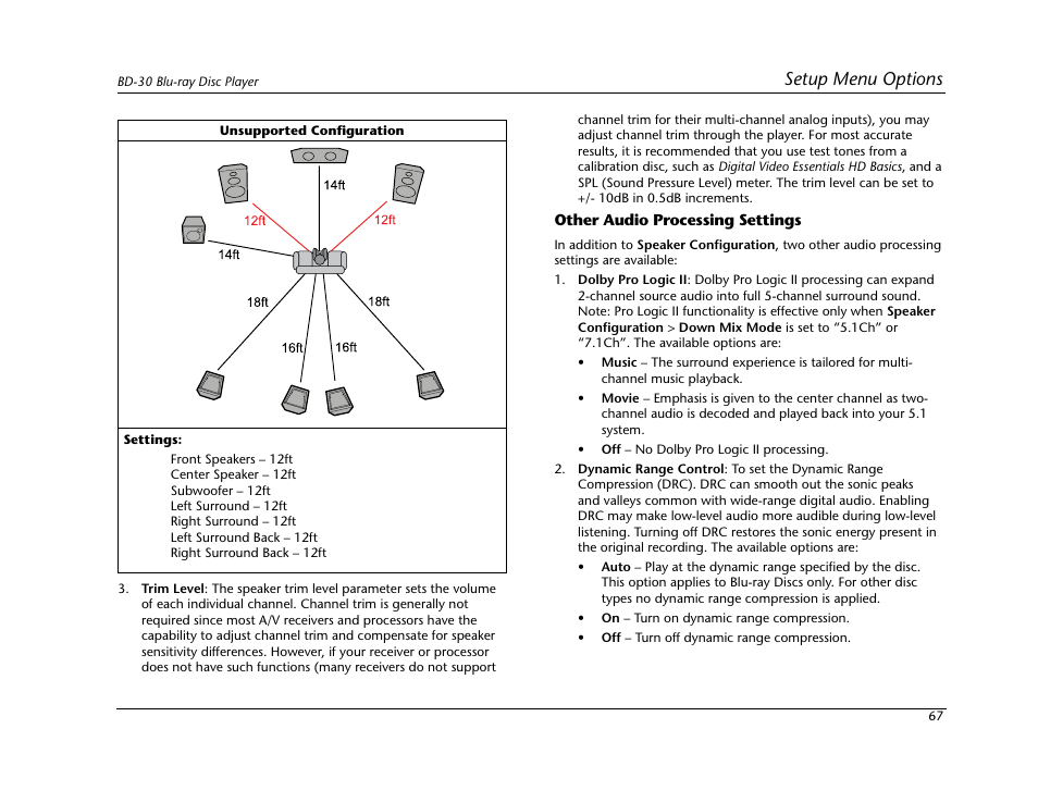 Setup menu options | Lexicon Blu Ray Disc Player BD-30 User Manual | Page 71 / 92