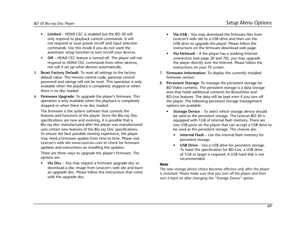 Setup menu options | Lexicon Blu Ray Disc Player BD-30 User Manual | Page 73 / 92