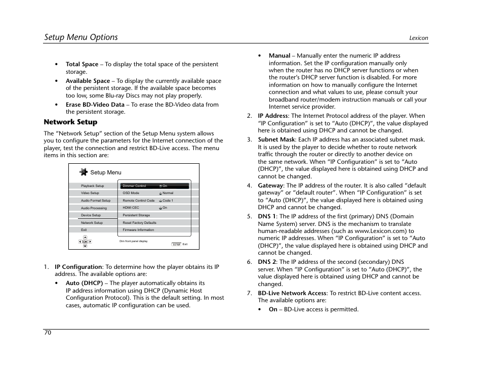 Setup menu options | Lexicon Blu Ray Disc Player BD-30 User Manual | Page 74 / 92