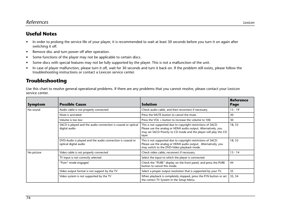 Troubleshooting | Lexicon Blu Ray Disc Player BD-30 User Manual | Page 78 / 92