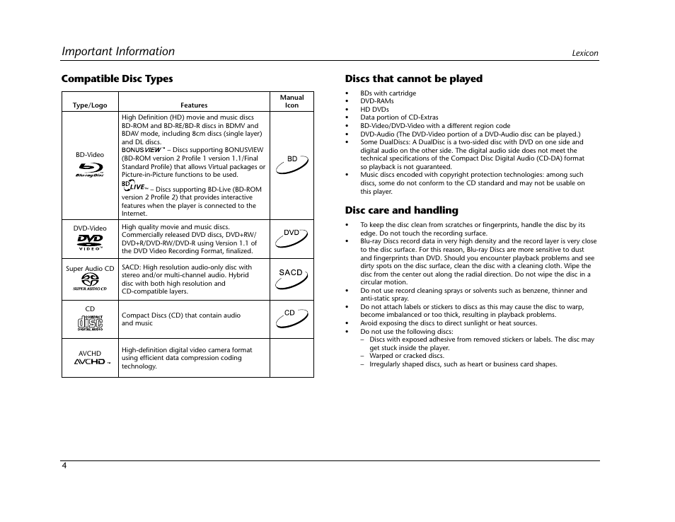 Important information, Compatible disc types, Discs that cannot be played | Disc care and handling | Lexicon Blu Ray Disc Player BD-30 User Manual | Page 8 / 92