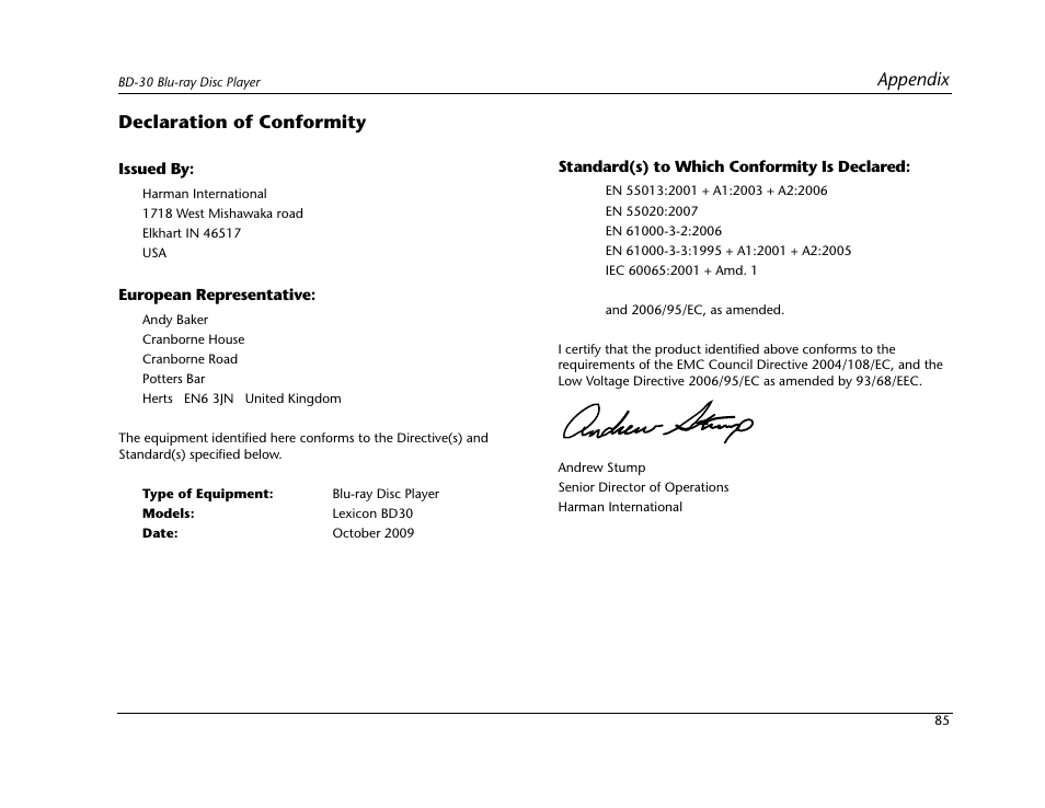 Declaration of conformity, Appendix | Lexicon Blu Ray Disc Player BD-30 User Manual | Page 89 / 92