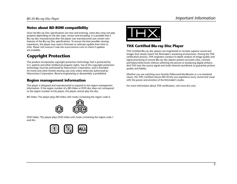 Copyright protection, Important information, Region management information | Thx certified blu-ray disc player | Lexicon Blu Ray Disc Player BD-30 User Manual | Page 9 / 92