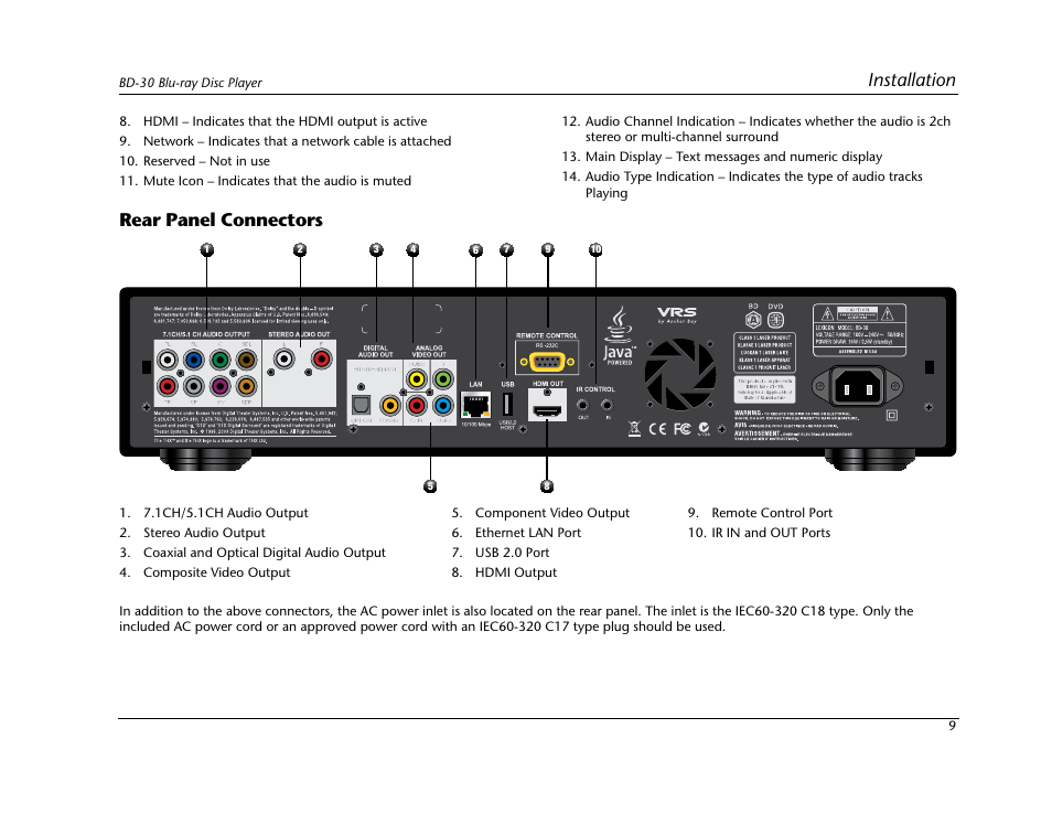 Rear panel connectors, Installation | Lexicon BD-30 User Manual | Page 13 / 92