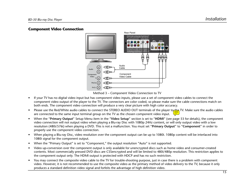 Installation, Component video connection | Lexicon BD-30 User Manual | Page 19 / 92