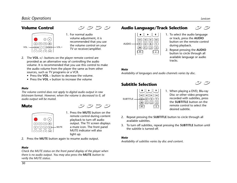 Volume control, Mute, Audio language/track selection | Subtitle selection, Basic operations | Lexicon BD-30 User Manual | Page 34 / 92