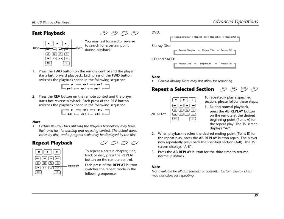 Advanced operations fast playback, Repeat playback | Lexicon BD-30 User Manual | Page 43 / 92