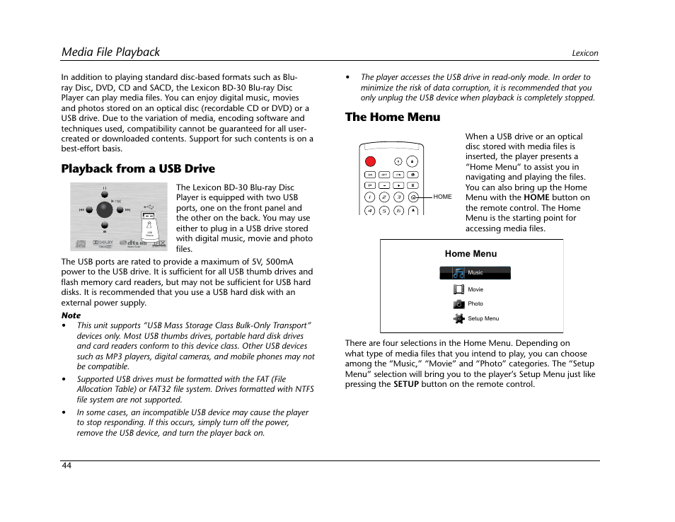 Playback from a usb drive, The home menu, Media file playback | Lexicon BD-30 User Manual | Page 48 / 92