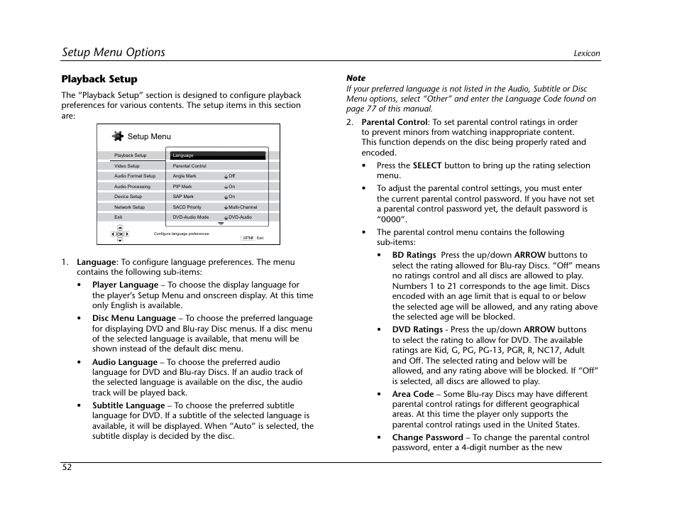 Setup menu options | Lexicon BD-30 User Manual | Page 56 / 92