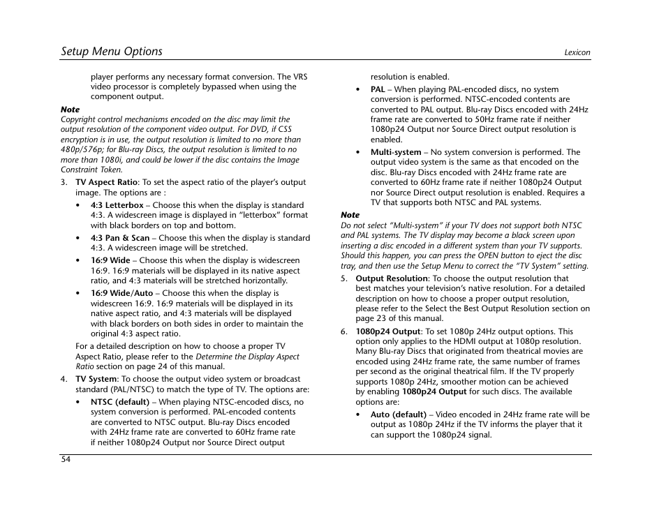 Setup menu options | Lexicon BD-30 User Manual | Page 58 / 92