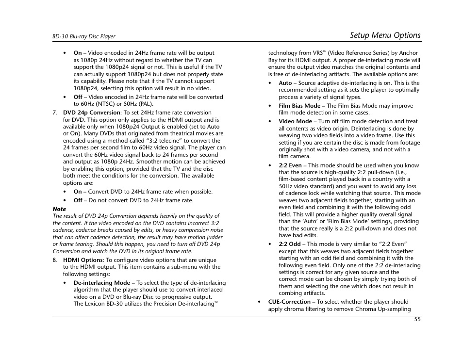 Setup menu options | Lexicon BD-30 User Manual | Page 59 / 92