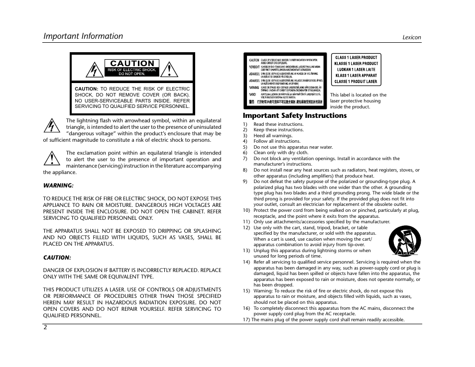 Important information, Important safety instructions | Lexicon BD-30 User Manual | Page 6 / 92
