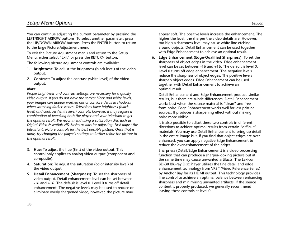 Setup menu options | Lexicon BD-30 User Manual | Page 62 / 92