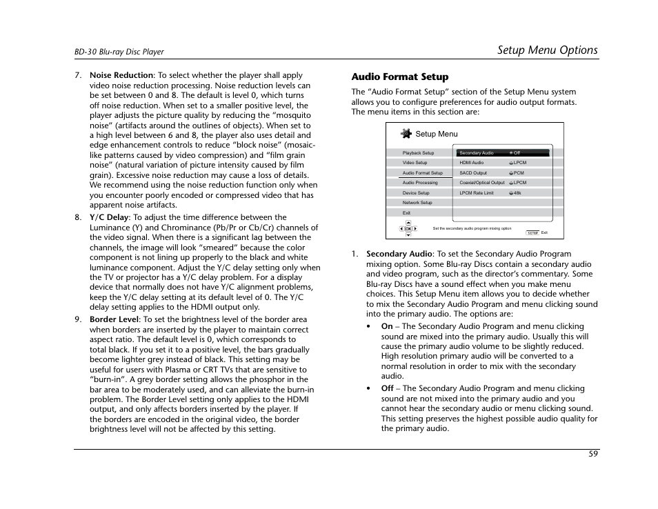 Setup menu options | Lexicon BD-30 User Manual | Page 63 / 92