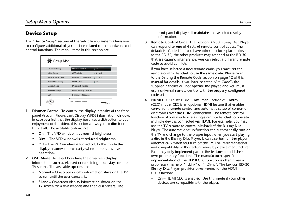 Setup menu options device setup | Lexicon BD-30 User Manual | Page 72 / 92