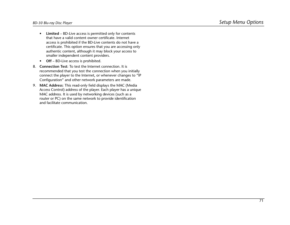 Setup menu options | Lexicon BD-30 User Manual | Page 75 / 92