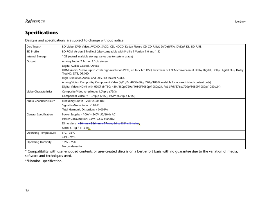 Reference specifications | Lexicon BD-30 User Manual | Page 80 / 92