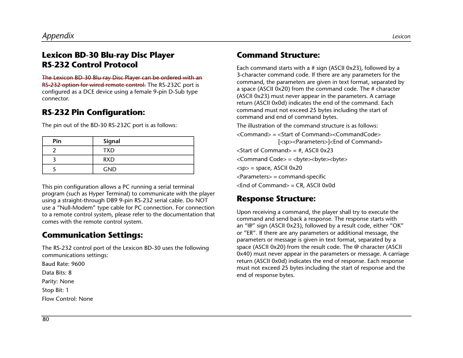 Rs-232 pin configuration, Communication settings, Command structure | Response structure | Lexicon BD-30 User Manual | Page 84 / 92