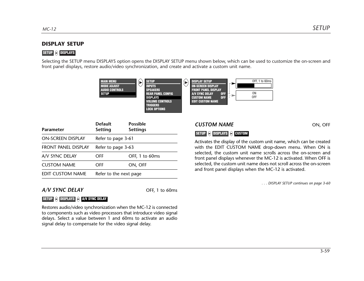 Setup, Display setup, A/v sync delay | Custom name | Lexicon MC-12 Digital Controller Lexicon MC-12 User Manual | Page 101 / 194