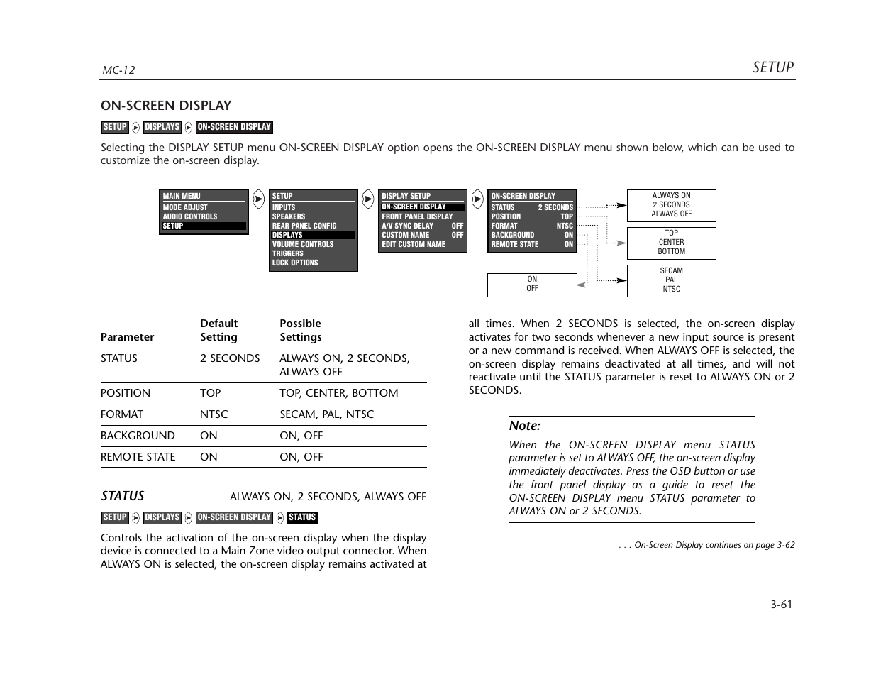 Setup, On-screen display, Status | Lexicon MC-12 Digital Controller Lexicon MC-12 User Manual | Page 103 / 194