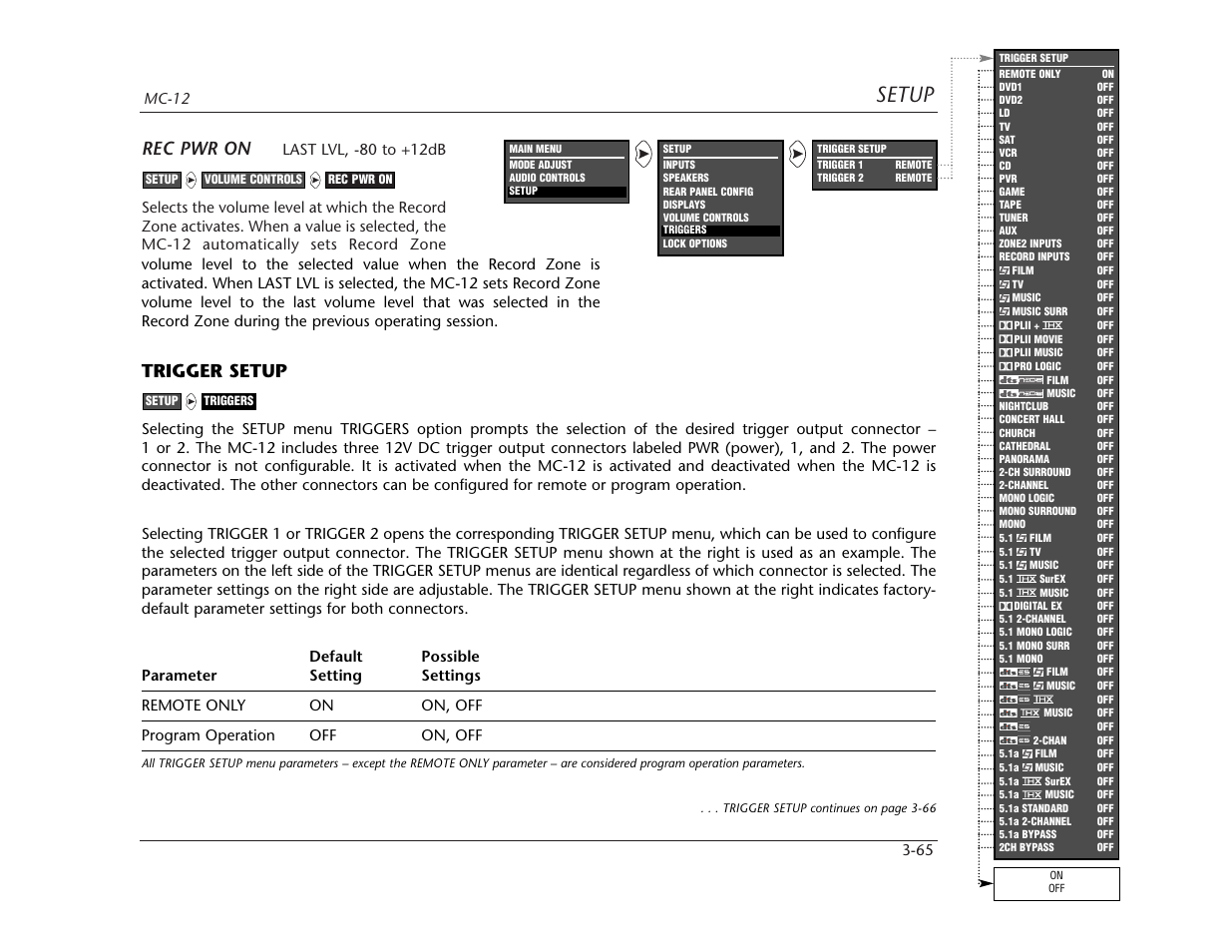 Setup, Rec pwr on, Trigger setup | Lexicon MC-12 Digital Controller Lexicon MC-12 User Manual | Page 107 / 194