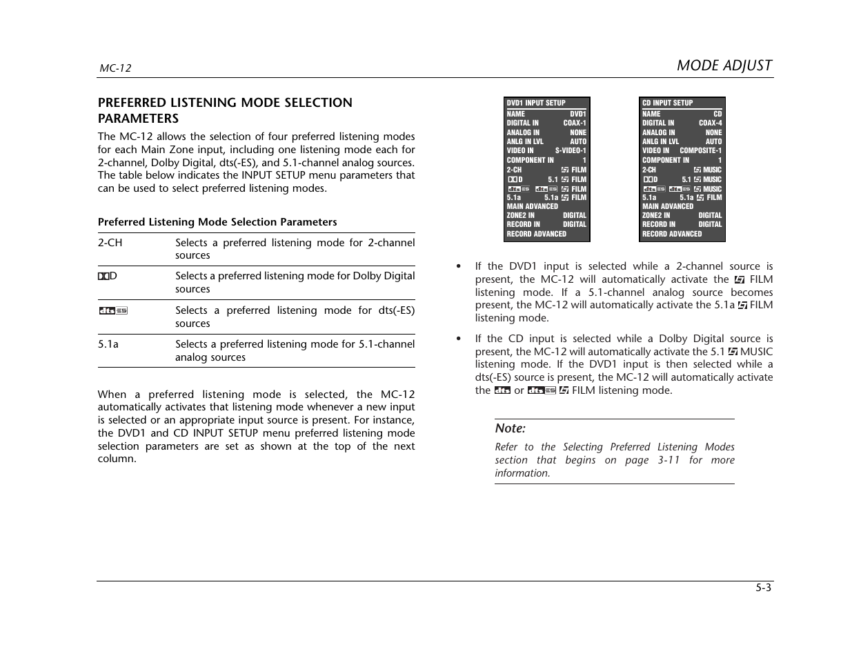 Mode adjust, Preferred listening mode selection parameters | Lexicon MC-12 Digital Controller Lexicon MC-12 User Manual | Page 119 / 194