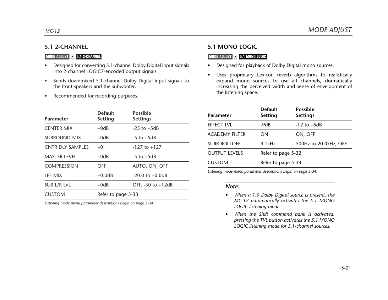 Mode adjust | Lexicon MC-12 Digital Controller Lexicon MC-12 User Manual | Page 137 / 194