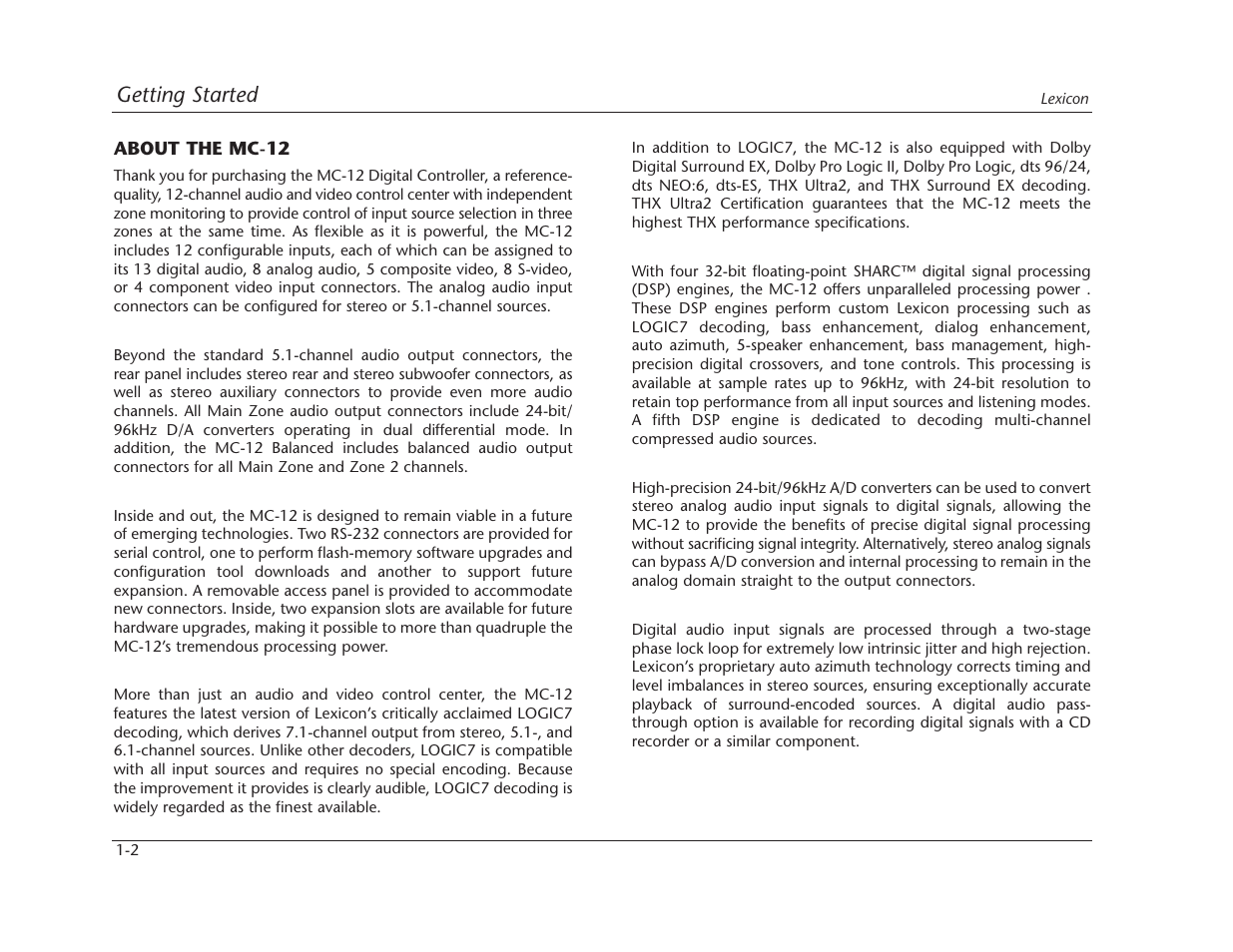 Getting started | Lexicon MC-12 Digital Controller Lexicon MC-12 User Manual | Page 14 / 194