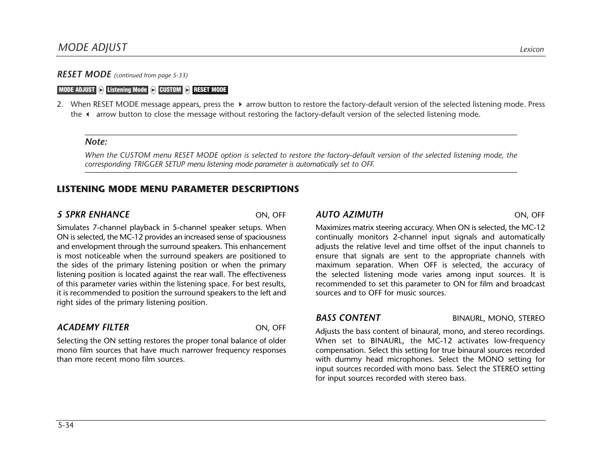 Mode adjust | Lexicon MC-12 Digital Controller Lexicon MC-12 User Manual | Page 150 / 194