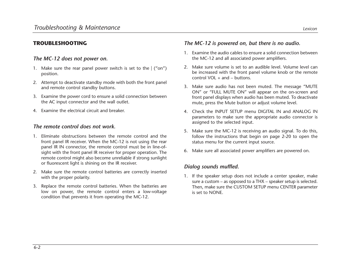 Troubleshooting & maintenance | Lexicon MC-12 Digital Controller Lexicon MC-12 User Manual | Page 160 / 194