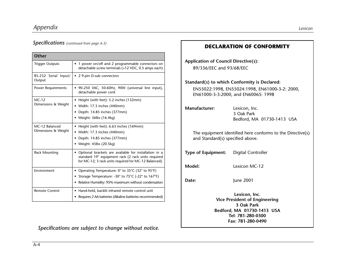 Appendix | Lexicon MC-12 Digital Controller Lexicon MC-12 User Manual | Page 167 / 194