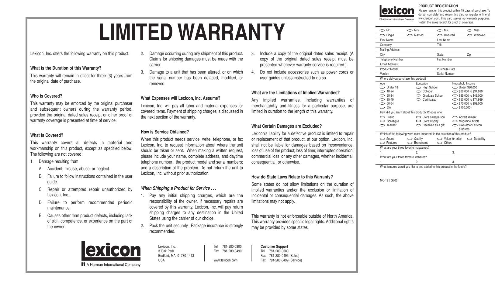 Limited warranty | Lexicon MC-12 Digital Controller Lexicon MC-12 User Manual | Page 193 / 194