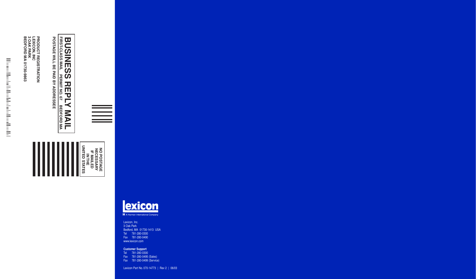 Bu siness repl y mail | Lexicon MC-12 Digital Controller Lexicon MC-12 User Manual | Page 194 / 194